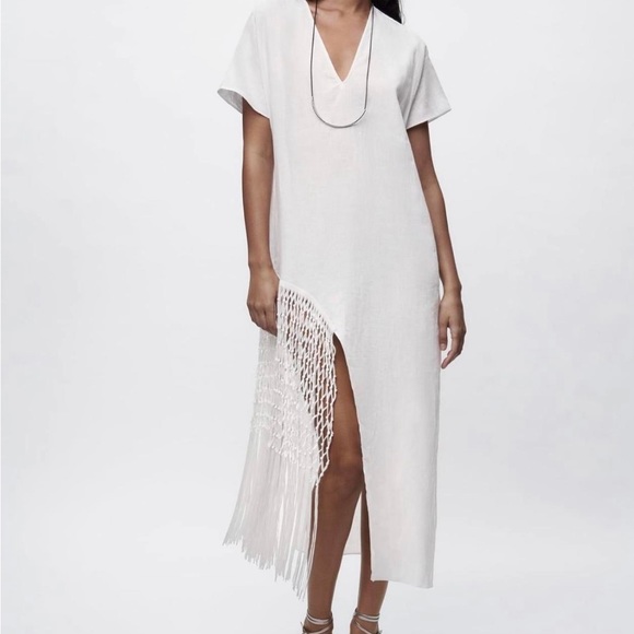 Zara Dresses & Skirts - NEW ZARA 2023 WHITE LINEN LONG TUNIC DRESS WITH FRINGE SIZE XS RARE 7495/810